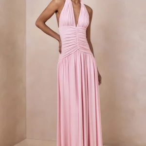 Bettina | Robe longue rose à encolure plongeante avec détails froncés