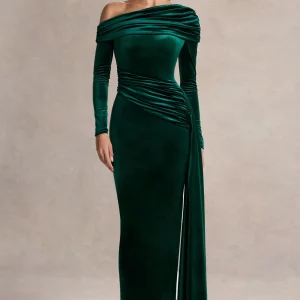 Hadria | Robe longue en velours vert bouteille à encolure asymétrique avec détail de ceinture