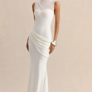 Lyssy | Robe longue blanche à encolure haute avec détail en mesh