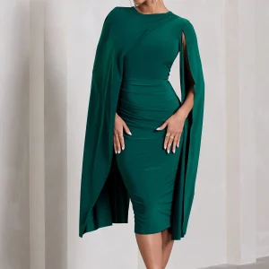 Marysol | Robe mi-longue vert bouteille asymétrique avec cape