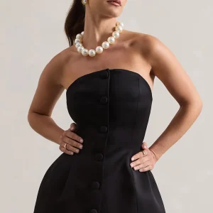 Century | Corset en satin noir sans bretelles et bouton de fermeture