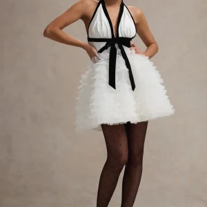 Eclair | Mini-Robe Décolletée Noir et Blanc avec Jupe en Tulle