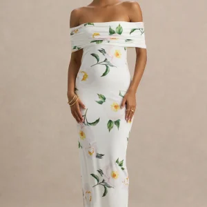 Capri | Robe Longue à Encolure Bardot Imprimé Rose Blanche avec Détails Froncés