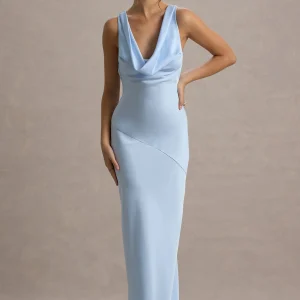 Alesso | Robe longue en satin bleu poudré à décolleté bénitier