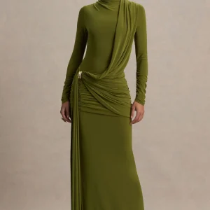 Melissa | Robe longue olive à manches longues avec drapés et ceinture nouée